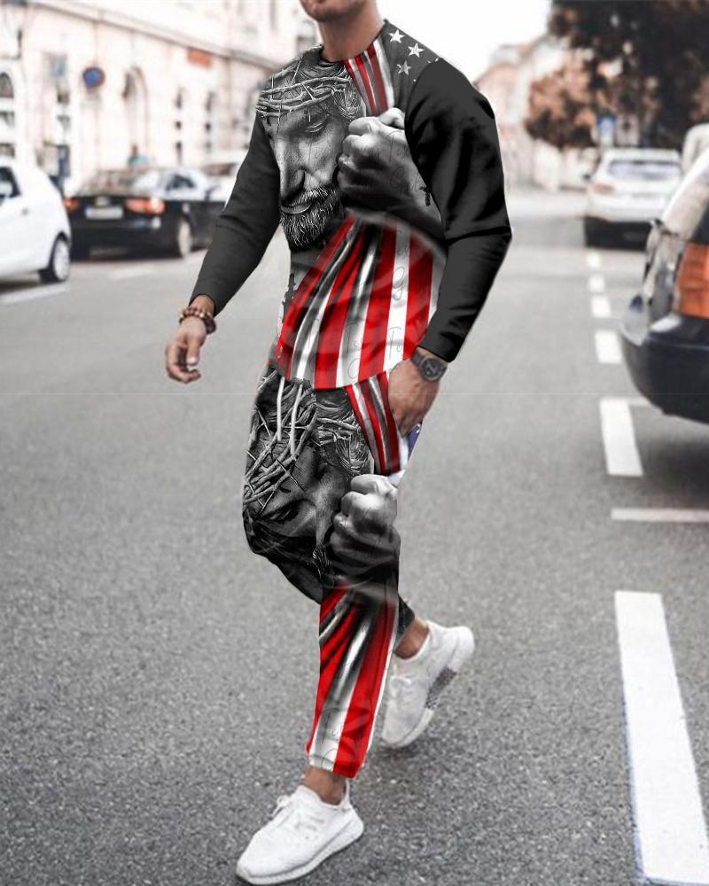 Long Sleeve Sports Two Piece Round Neck Casual Print Men&