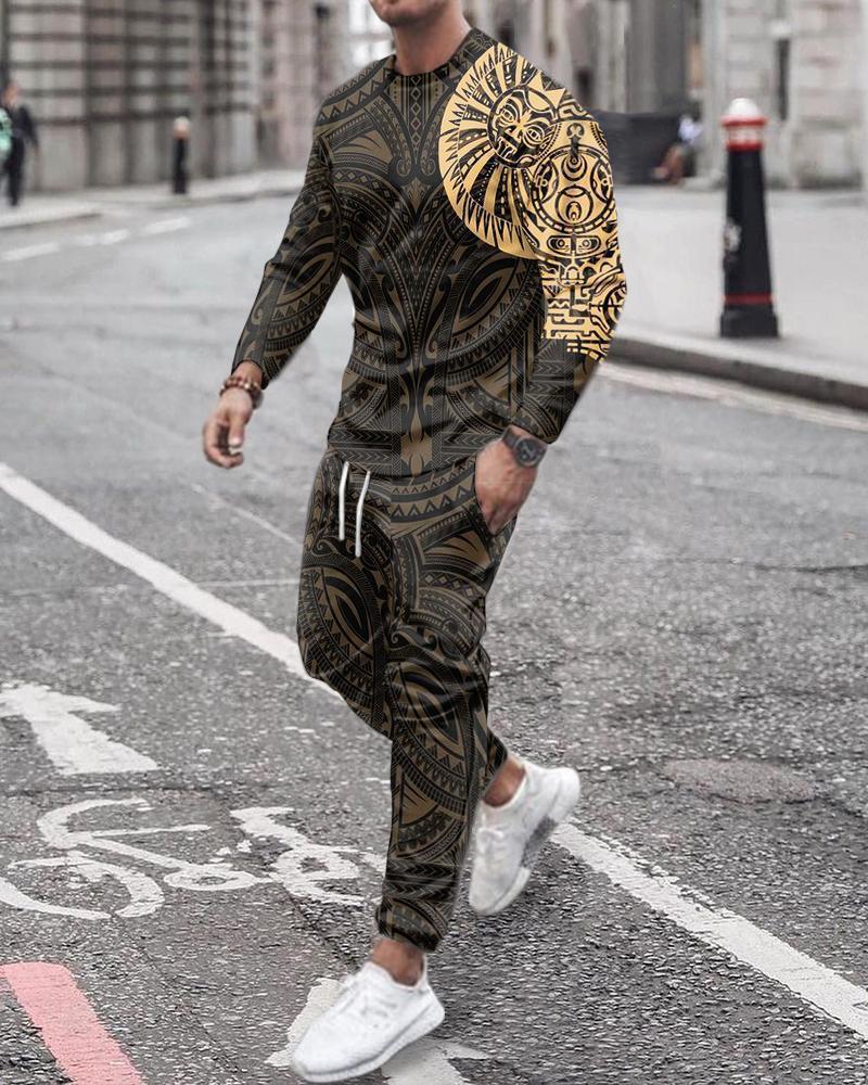 Long Sleeve Sports Two Piece Round Neck Casual Print Men&