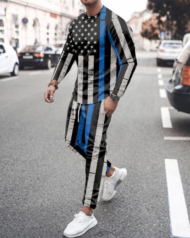 Long Sleeve Sports Two Piece Round Neck Casual Print Men&