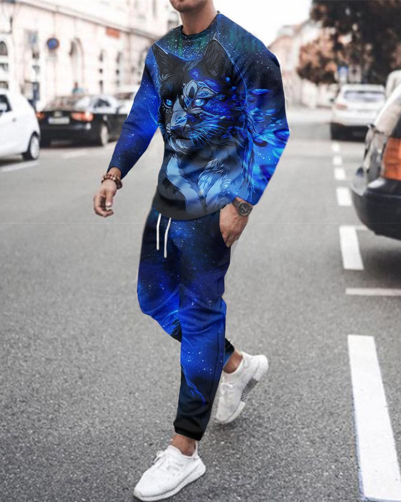 Long Sleeve Sports Two Piece Round Neck Casual Print Men&