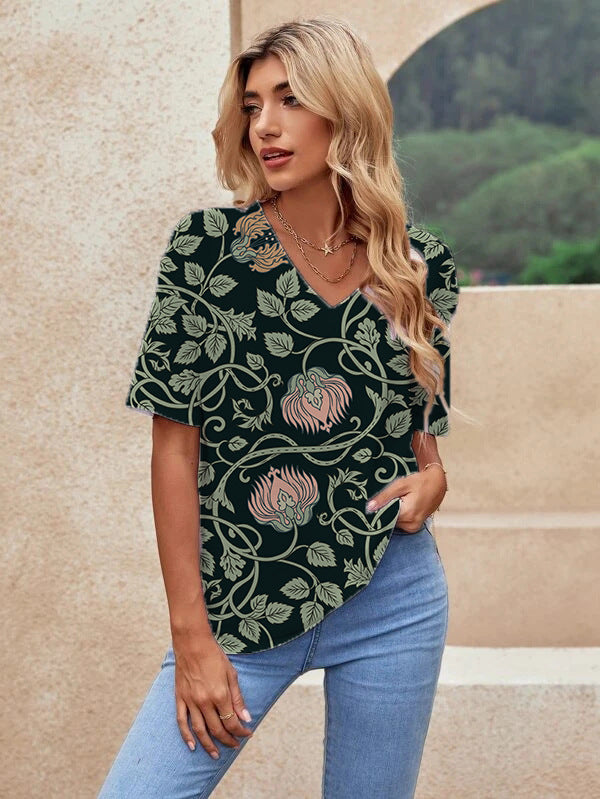 Printed Short Sleeve Urban Loose Casual Women&