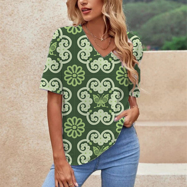 Printed Short Sleeve Urban Loose Casual Women&