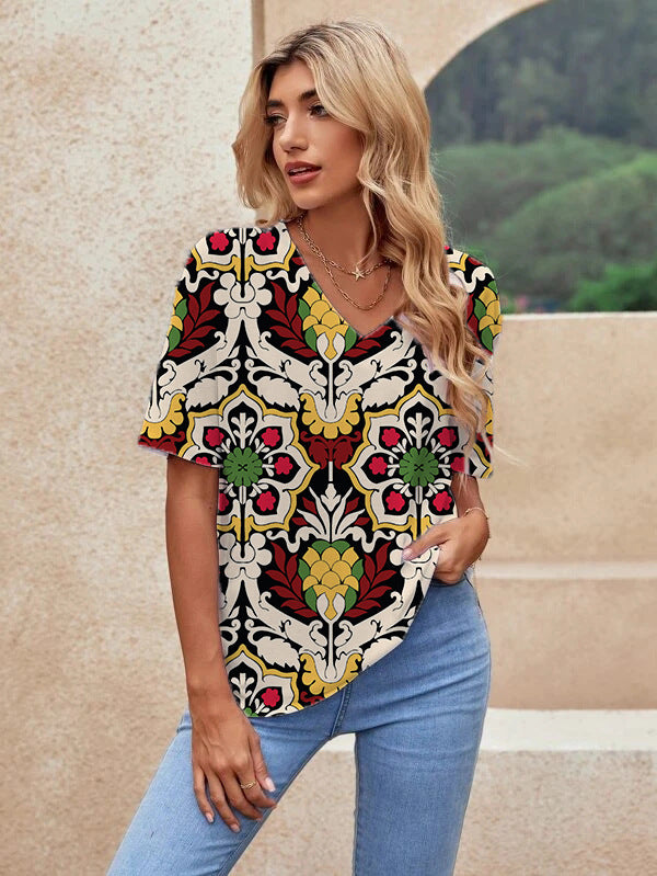 Printed Short Sleeve Urban Loose Casual Women&