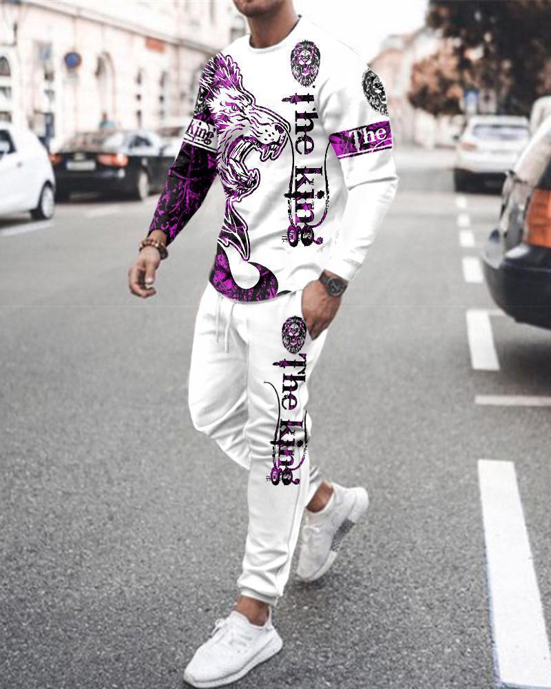 Long Sleeve Sports Two Piece Round Neck Casual Print Men&