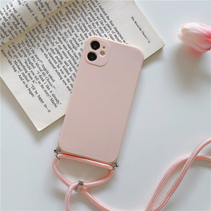 Solid Color Diagonal Lanyard Phone Case Silicone Couple Phone Case