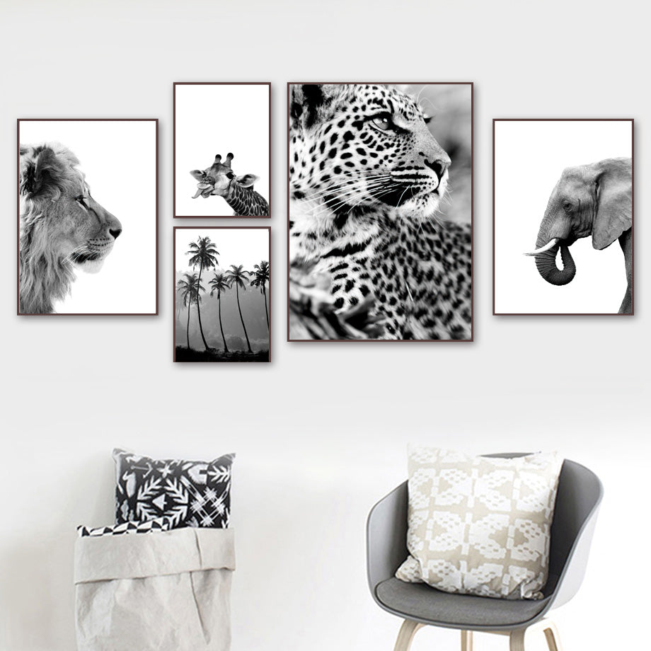 Giraffe Elephant Lion Pineapple Palm Tree Canvas Painting Wall