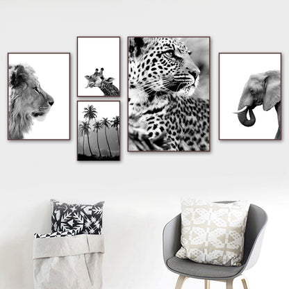 Giraffe Elephant Lion Pineapple Palm Tree Canvas Painting Wall