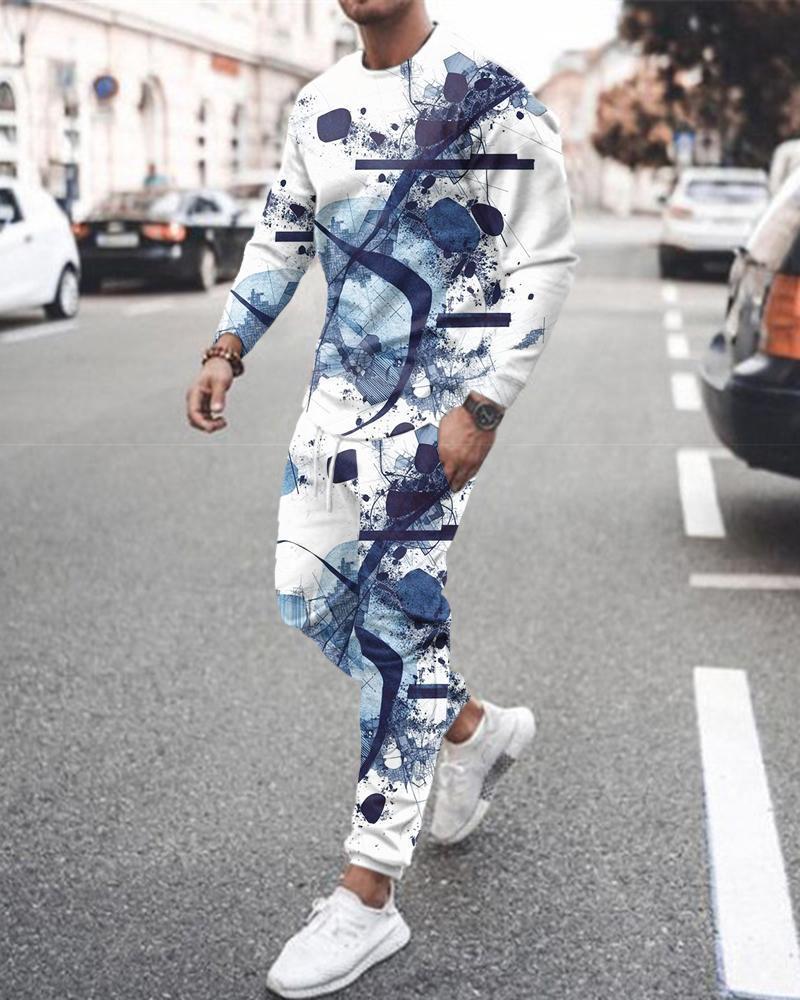 Long Sleeve Sports Two Piece Round Neck Casual Print Men&