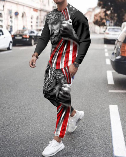 Long Sleeve Sports Two Piece Round Neck Casual Print Men&