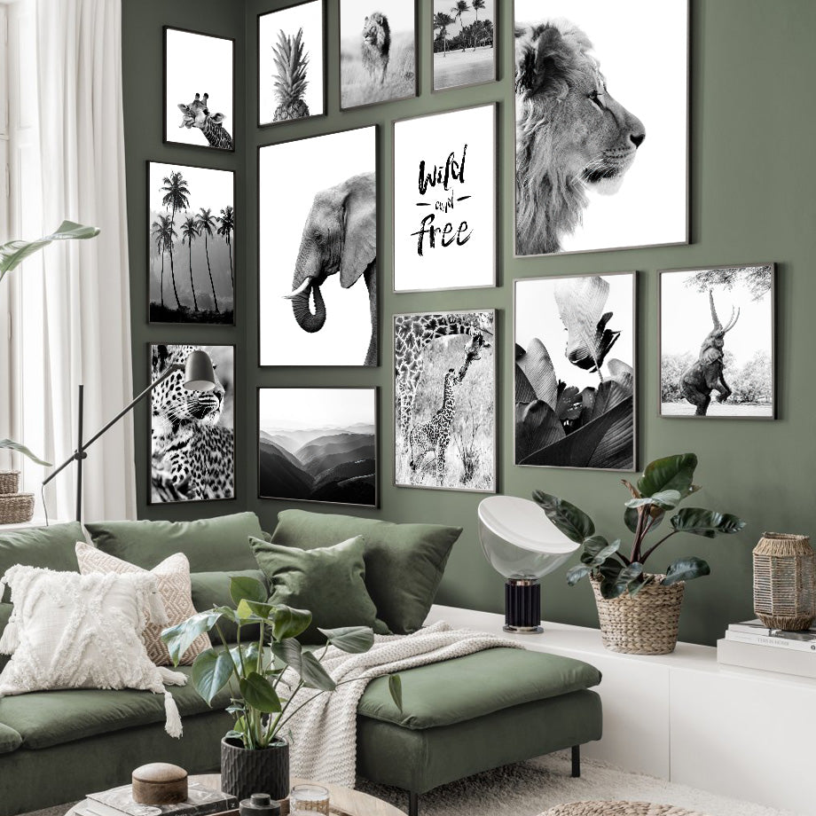 Giraffe Elephant Lion Pineapple Palm Tree Canvas Painting Wall