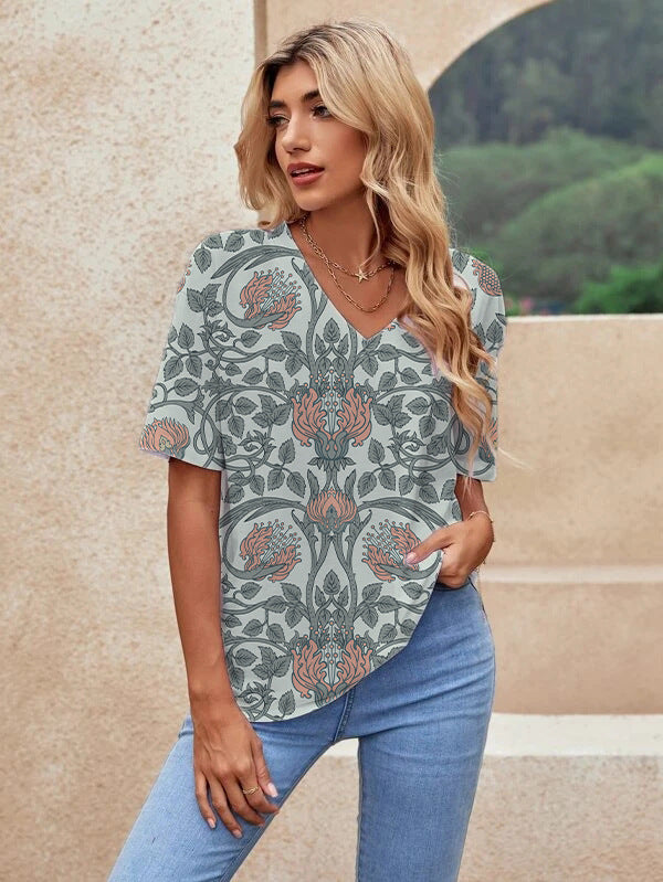 Printed Short Sleeve Urban Loose Casual Women&
