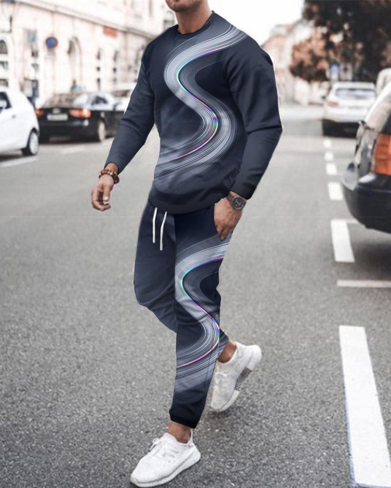 Long Sleeve Sports Two Piece Round Neck Casual Print Men&