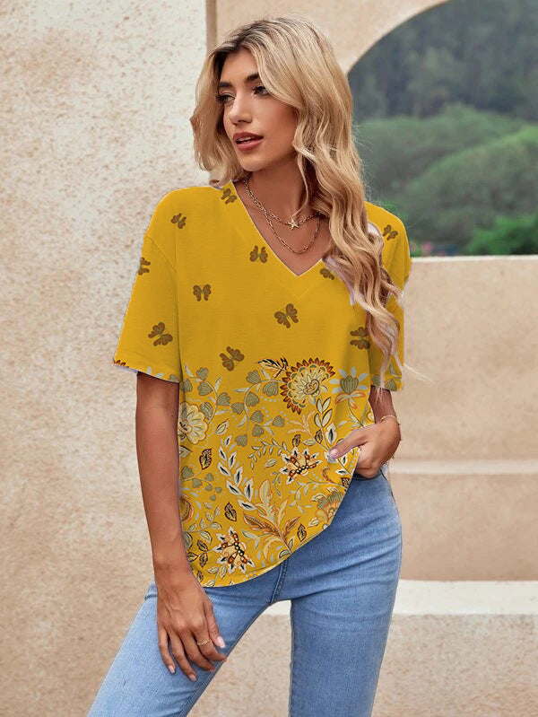 Printed Short Sleeve Urban Loose Casual Women&