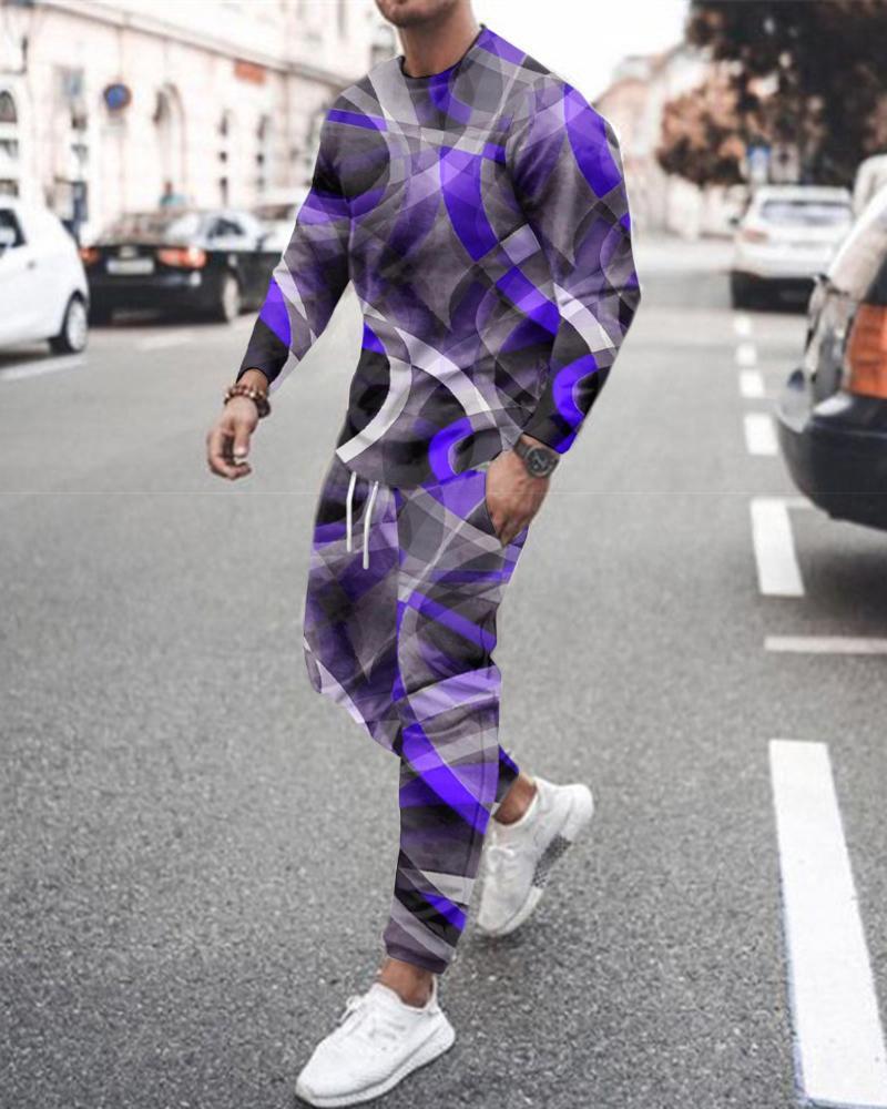 Long Sleeve Sports Two Piece Round Neck Casual Print Men&