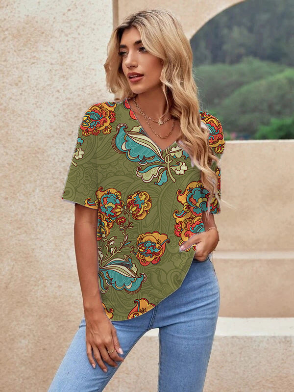Printed Short Sleeve Urban Loose Casual Women&