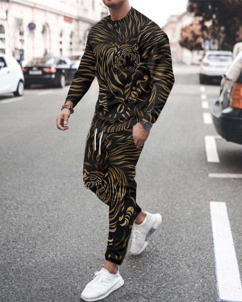 Long Sleeve Sports Two Piece Round Neck Casual Print Men&