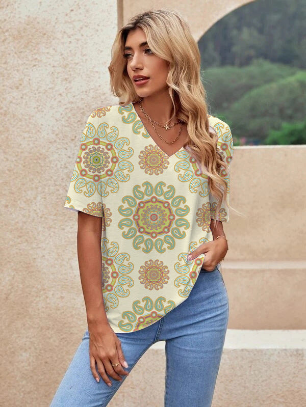 Printed Short Sleeve Urban Loose Casual Women&