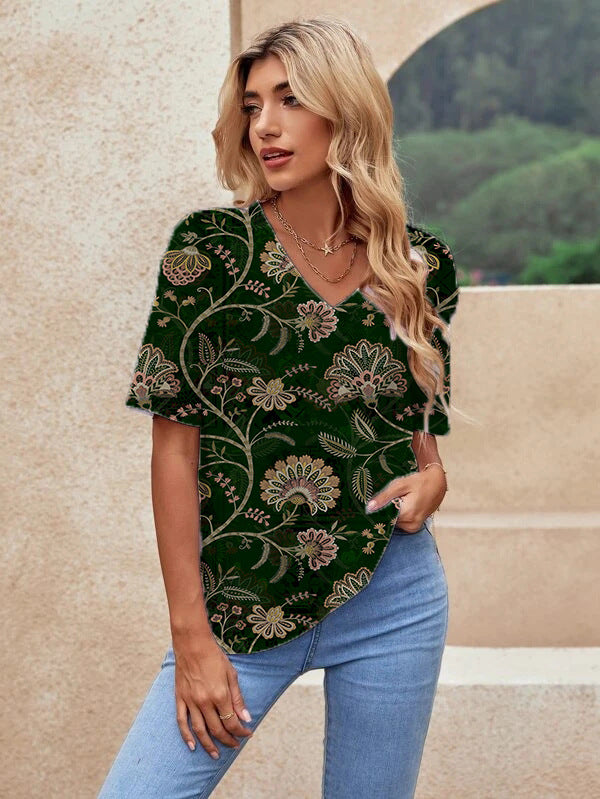 Printed Short Sleeve Urban Loose Casual Women&