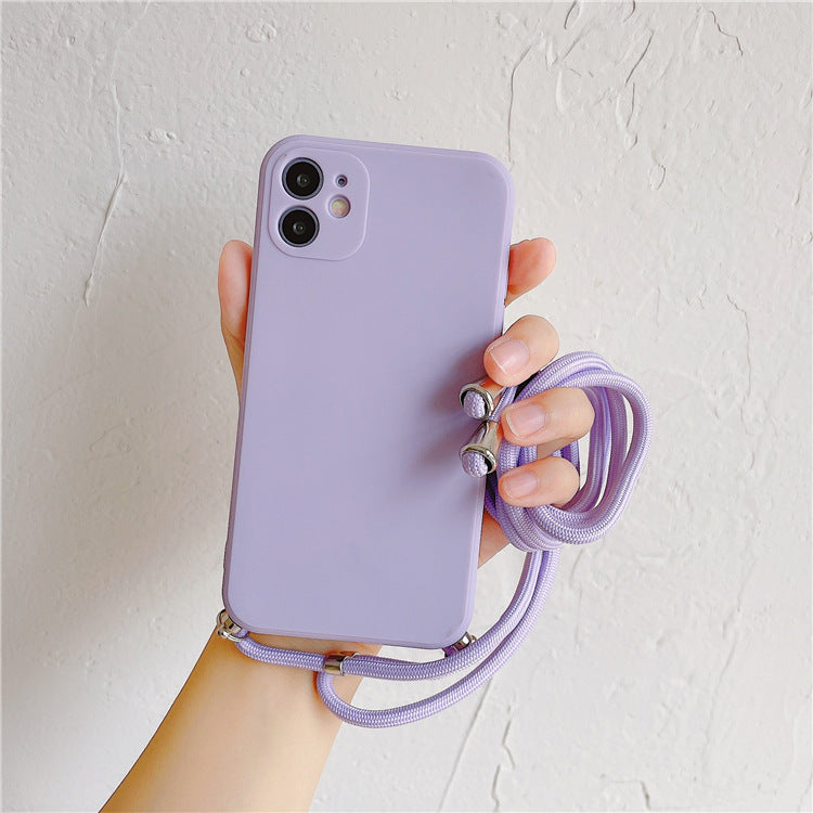 Solid Color Diagonal Lanyard Phone Case Silicone Couple Phone Case
