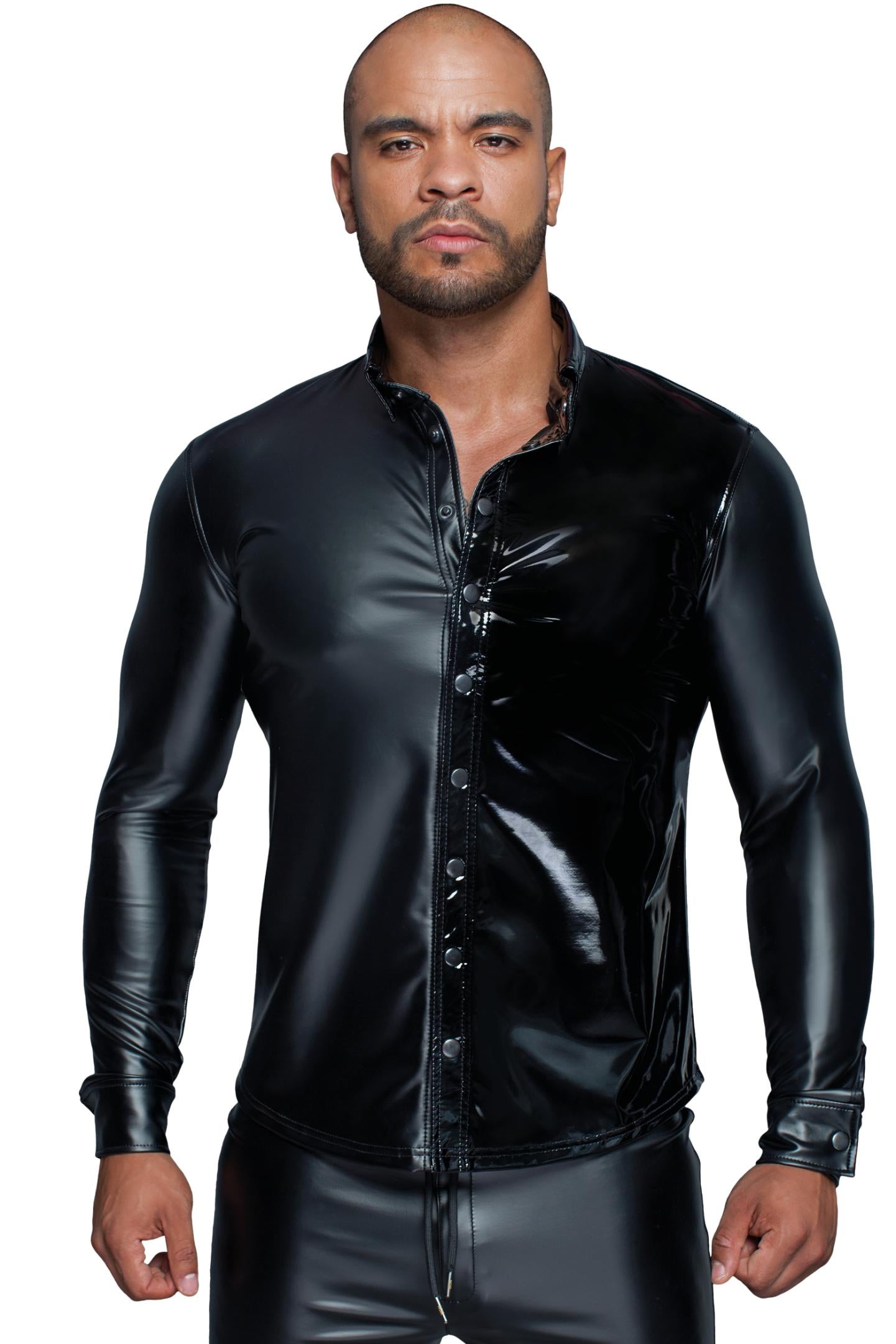 Long-sleeved Powerwetlook &amp; PVC shirt H064- 2XL