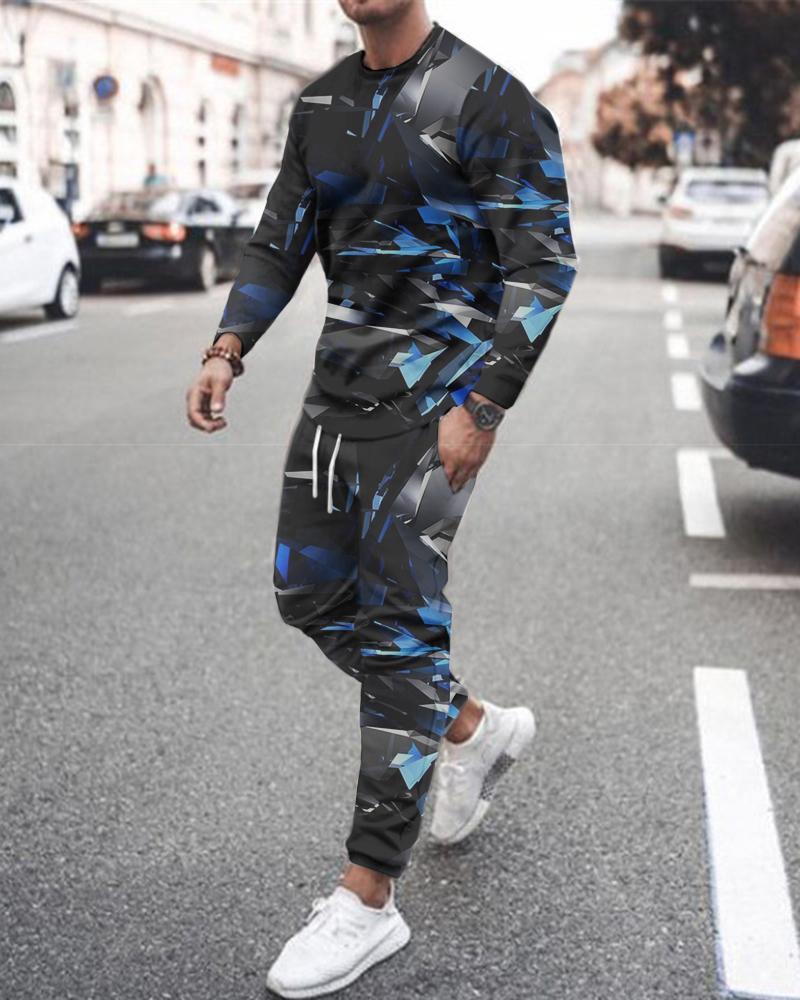 Long Sleeve Sports Two Piece Round Neck Casual Print Men&