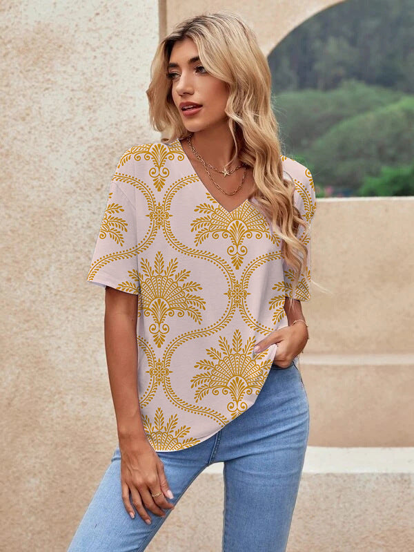Printed Short Sleeve Urban Loose Casual Women&