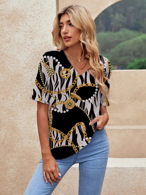 Printed Short Sleeve Urban Loose Casual Women&