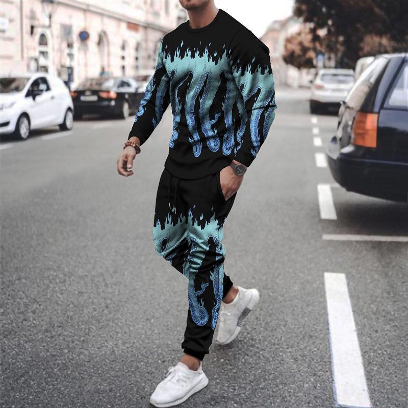Long Sleeve Sports Two Piece Round Neck Casual Print Men&