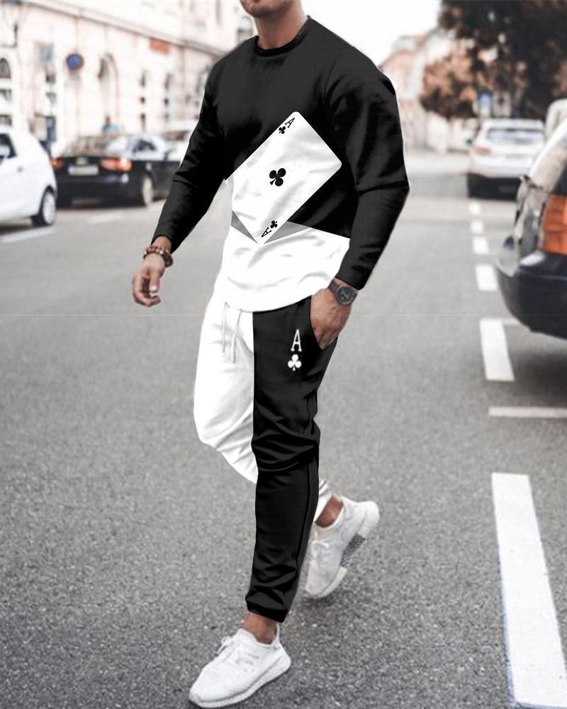 Long Sleeve Sports Two Piece Round Neck Casual Print Men&