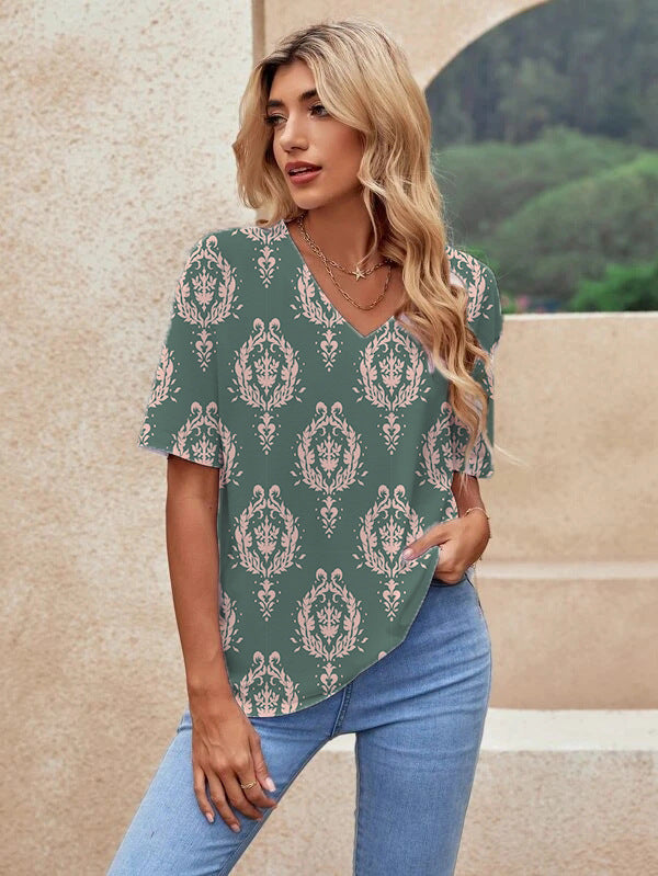 Printed Short Sleeve Urban Loose Casual Women&