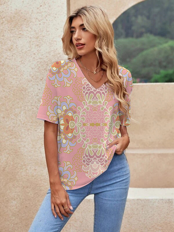 Printed Short Sleeve Urban Loose Casual Women&